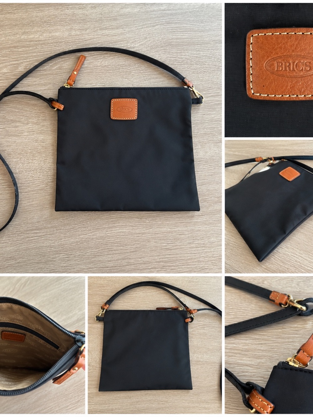 Bric’s Black Nylon Crossbody Travel Bag Leather Trim Adjustable Strap